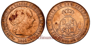 Cy15872.- ISABEL II - 5 Centimo de escudo 1866 Barcelona sin OM - MBC 