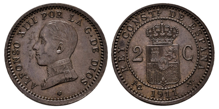 Cy16653.- ALFONSO XIII 2 Centimo 1911(11) P.G.V.-  EBC+