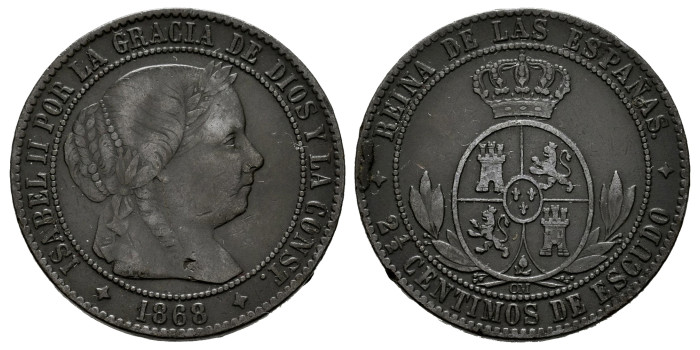 Cy15798.- ISABEL II - 2 1/2 Ctm. Escudo 1868 Jubia . MBC+