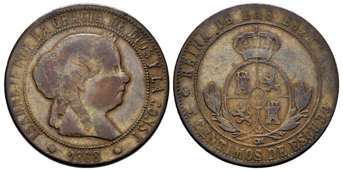 Cy15882.- ISABEL II - 5 Ctm. Escudo 1868 Barcelona . MBC-