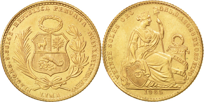 PERU - K-229 - 20 SOLES 1965 - GOLD