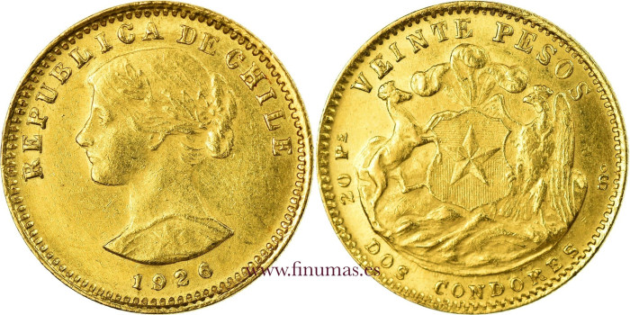 CHILE K-168 20 pesos / 2 Condores 1926. Gold