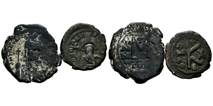 BZ183.- MAURICIO TIBERIO. 582/602 - 1 y 1/2 FOLIS - Constantinopla ( las 2 piezas)