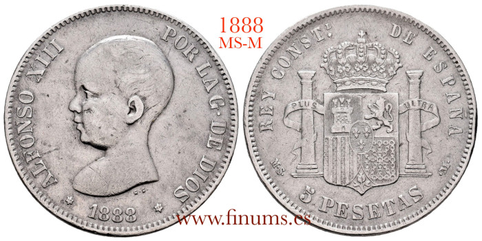 Cy16694F.- ALFONSO XIII - 5 Pesetas 1888 (18-88) MS-M.  MBC