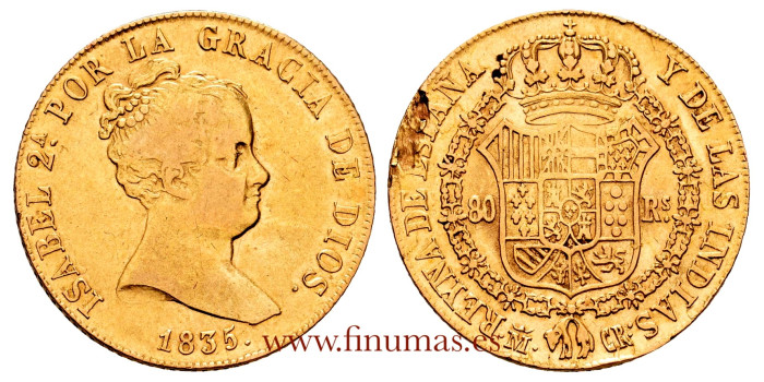 Cy16382.- ISABEL II 80 Reales 1835 MADRID C.R. MBC. - GOLD