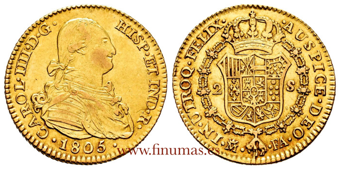 Cy13447.- CARLOS IV - 2 ESCUDOS 1805 MADRID F.A. EBC. -ORO