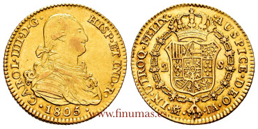 Cy13447.- CARLOS IV - 2 SHIELDS 1805 MADRID F.A. EBC. -GOLD
