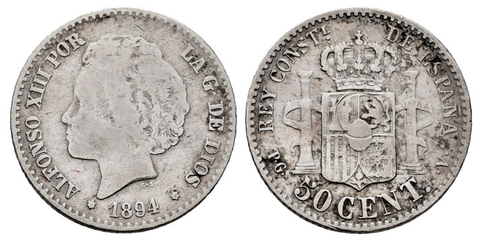 Cy16663e.- ALFONSO XIII 50 Centimos 1894 (--) P.G.V. MBC
