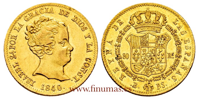 Cy16401.- ISABEL II 80 Reales 1840 Barcelona P.S. EBC+.  ORO