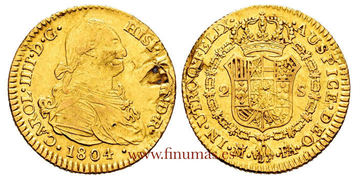 Cy13437.- CARLOS IV - 2 ESCUDOS 1804 MADRID F.A. MBC. -ORO