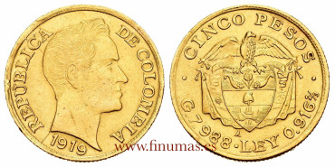 COLOMBIA - K-201.1 - 5 Pesos 1919 Bolivar. Oro - EBC
