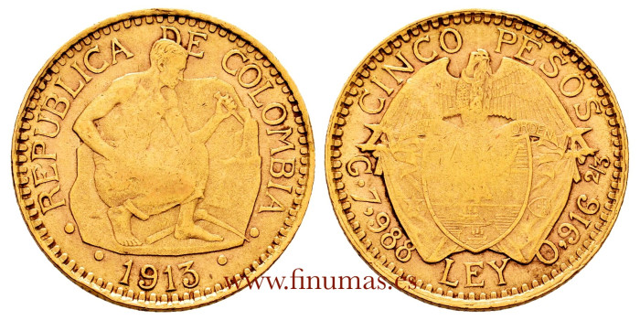 COLOMBIA - K-195 - 5 Pesos 1913 Minero. Gold - MBC-