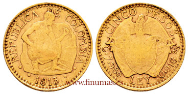 COLOMBIA - K-195 - 5 Pesos 1913 Minero. Gold - MBC-