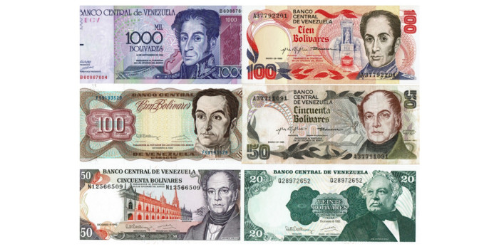 VENEZUELA lot of 6 banknotes, from 20 to 1000 BOLIVARES 1980/98 1981/98, EBC