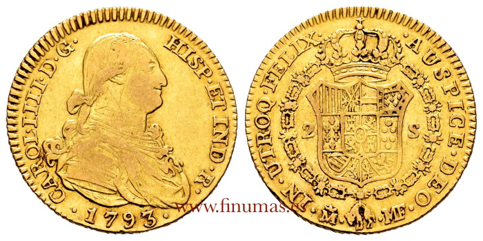 Cy13351.- CARLOS IV 2 Escudos 1793  Madrid M.F. MBC - Gold