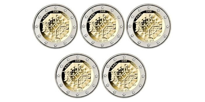 2 EUROS CONMEMORATIVOS ALEMANIA 2023 "Carlomagno" - Juego de 5 Cecas