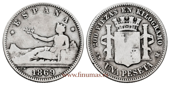 Cy16509.2.- G.P. and REPUBLICA 1 Peseta 1869 (18-69) Spain- B.C.