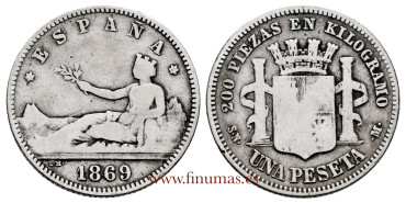 Cy16509.2.- G.P. and REPUBLICA 1 Peseta 1869 (18-69) Spain- B.C.