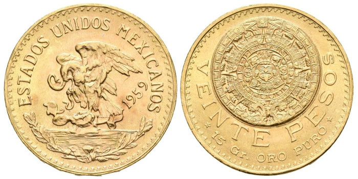 MEXICO K-478 - 20 MEXICAN GOLD PESOS - AZTEC CALENDAR. Canto Mark