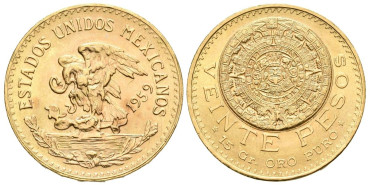 MEXICO K-478 - 20 MEXICAN GOLD PESOS - AZTEC CALENDAR. Canto Mark