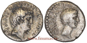 MARCO ANTONIO and OCTAVIO AUGUSTO. DENARY 39 BC