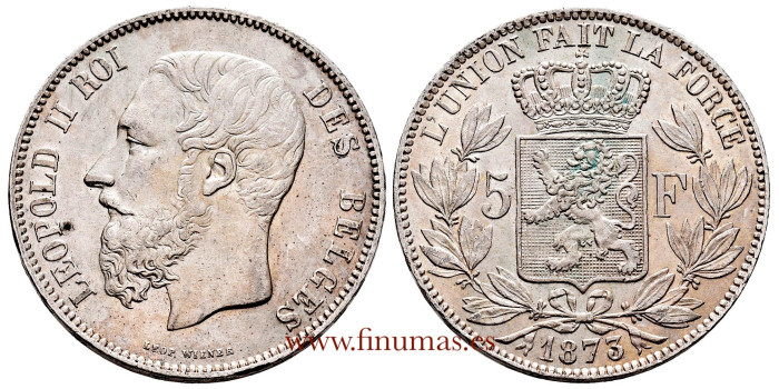 BELGIUM - K-024 - 5 FRANCS 1873.  S.C - SILVER