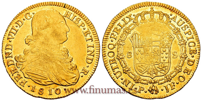 Cy15494.- FERNANDO VII - 8 Escudos 1810 POPAYAN J.F. EBC+