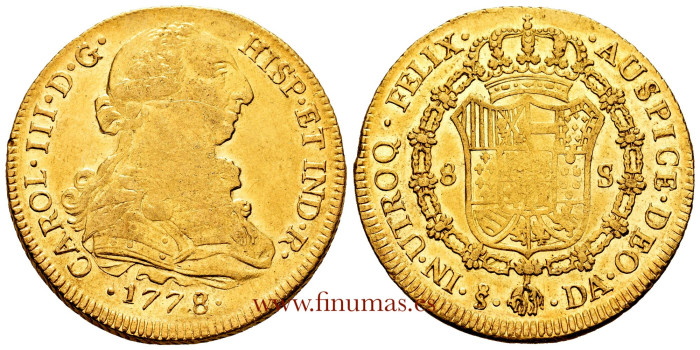 Cy12099.-CARLOS III - 8 Escudos 1778 sobre 77 Santiago D.A.- EBC
