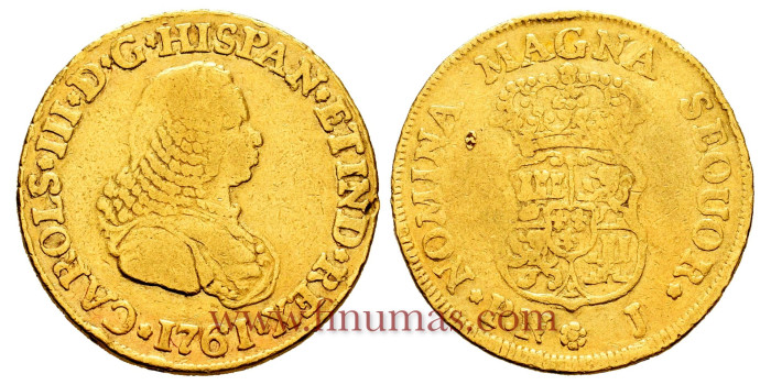 Cy11594.- CARLOS III 2 ESCUDOS 1761 POPAYAN J. B.C- ORO