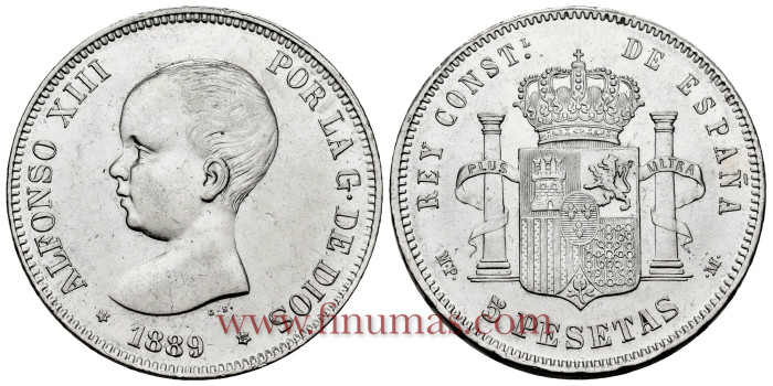 Cy16695K.-ALFONSO XIII 5 Pesetas 1889 (18-89) M.P.M.- SC