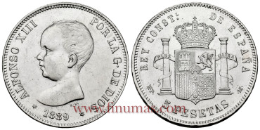Cy16695K.-ALFONSO XIII 5 Pesetas 1889 (18-89) M.P.M.- SC
