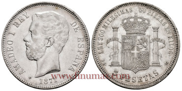 Cy16534G.- AMADEO I 5 Pesetas 1871 (18-75) D.E.M.- EBC-