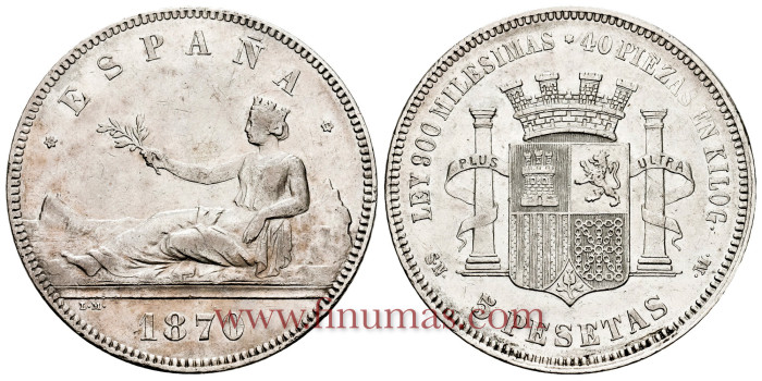 Cy16523G.- G.P Y I REPUBLICA -5 Pesetas1870 - EBC-