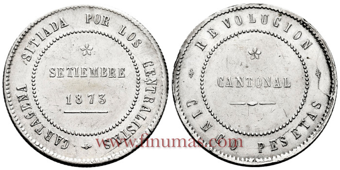 Cy16528.- G.P Y I REPUBLICA - 5 Pesetas 1873 CANTONAL. COINCIDENTE. MBC+