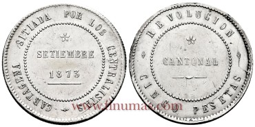 Cy16528.- G.P Y I REPUBLICA - 5 Pesetas 1873 CANTONAL. COINCIDENTE. MBC+