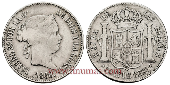 Cy16246.-ISABEL II - 50 Centimo de peso 1868 Manila - MBC-