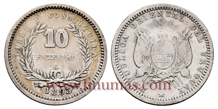 HURUGUAY - K014 - 10 Centesimi 1893.  MBC