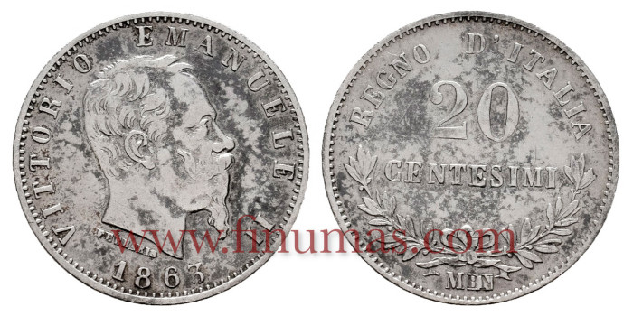 ITALIA - 20 Centesimi 1863 mbn - MBC