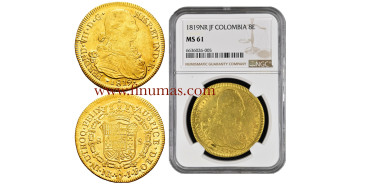 Cy15596.- FERNANDO VII  8 Escudos 1819 Nuevo Reino J.F. -NGC MS61