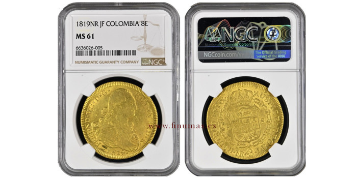Cy15596.- FERNANDO VII  8 Escudos 1819 Nuevo Reino J.F. -NGC MS61