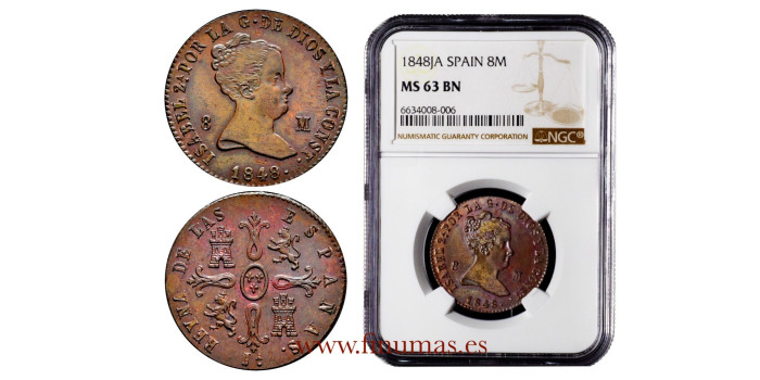 Cy15834K.- ISABEL II - 8 Maravedis 1848 Jubia. NGC MS-63