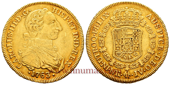 Cy11959.- Carlos III - 8 Escudos  1763 Nuevo Reino J.V. "Cara Rata". EBC-