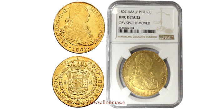 Cy13767.- Carlos IV - 8 Escudos 1807 Lima J.P. NGC UNC D.  B.O
