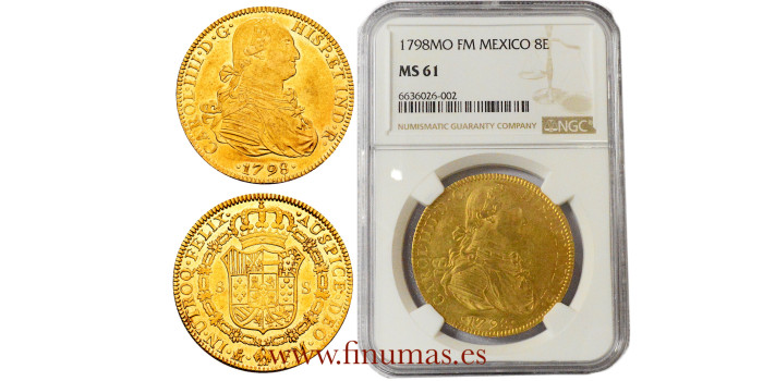 Cy13688.- Carlos IV - 8 Escudos 1798 MEXICO.F.M -NGC MS61  B.O