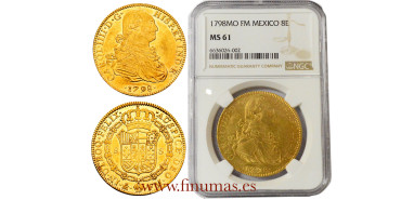 Cy13688.- Carlos IV - 8 Escudos 1798 MEXICO.F.M -NGC MS61  B.O