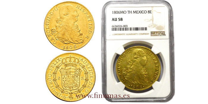 Cy13759.- Carlos IV - 8 Escudos 1806 MEXICO.T.H -NGC AU58  B.O