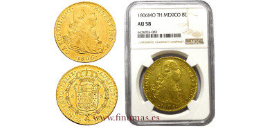 Cy13759.- Carlos IV - 8 Escudos 1806 MEXICO.T.H -NGC AU58  B.O