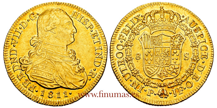 Cy15511.- FERNANDO VII - 8 Escudos 1811 Popayán J.F. VARIANTE -NGC AU58