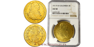 Cy15511.- FERNANDO VII - 8 Escudos 1811 Popayán J.F. VARIANTE -NGC AU58