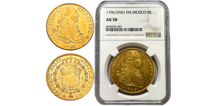Cy13670.- Charles IV - 8 Coats of Arms 1796 on 5 MEXICO.F.M -NGC AU58 B.O